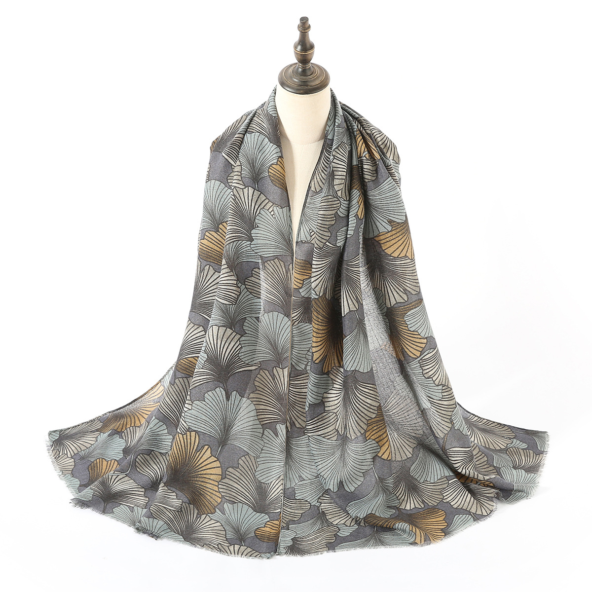 One Piece Dropshipping New Exclusive for Cross-Border Classic Ginkgo Leaf Printed Cotton and Linen Scarf Shawl Factory Wholesale