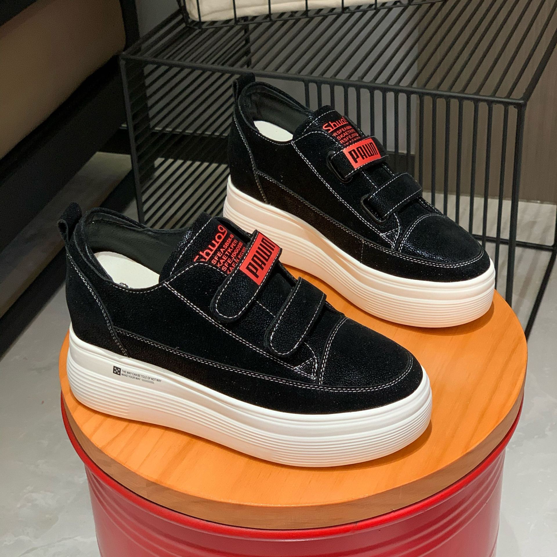 内增高7cm小黑鞋女厚底韩版舒适百搭圆头松糕休闲运动魔术贴板鞋