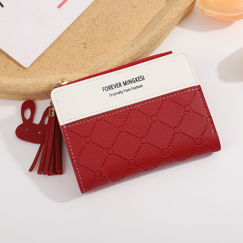 New Small Wallet Women's Short Zipper Wallet Student Korean Style Embossed Contrast Color Tassel Wild Coin Purse Card Holder