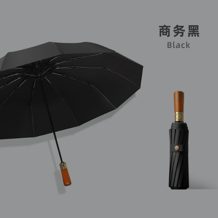 Ten Bones Automatic Umbrella Men's High-End Business Wooden Handle Umbrella Folding Vinyl Sun Protective Sunny Umbrella Advertising Umbrella Logo