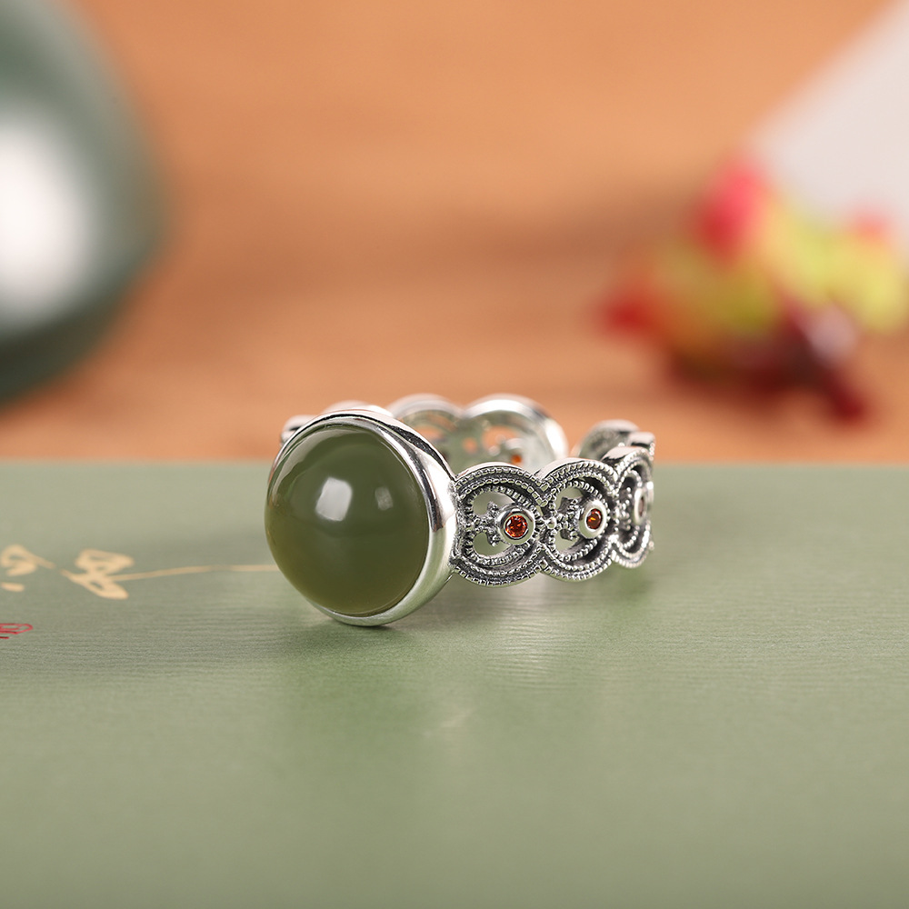 新品上新 泰银复古手饰s925银饰品女士和田青玉戒指 开口指环戒子