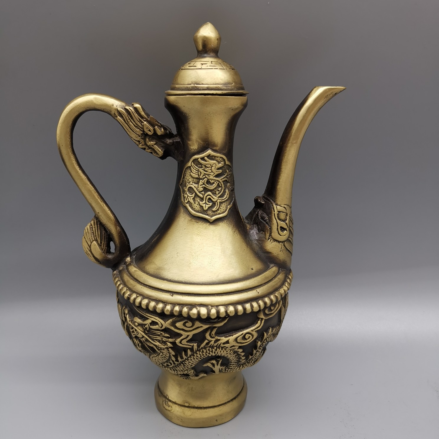 仿古黄铜双龙酒壶摆件古玩收藏黄铜酒壶茶壶铜壶家居摆设工艺品