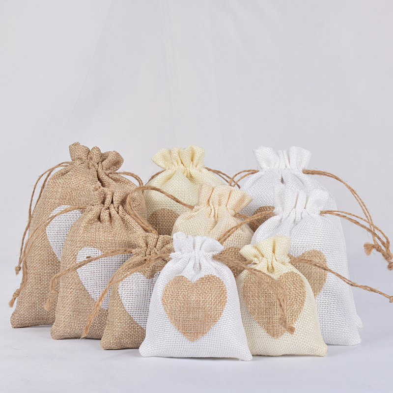 Linen Drawstring Bag Natural Love Drawstring Linen Bag Wedding Favors Gift Packaging Bag 10 * 14cm