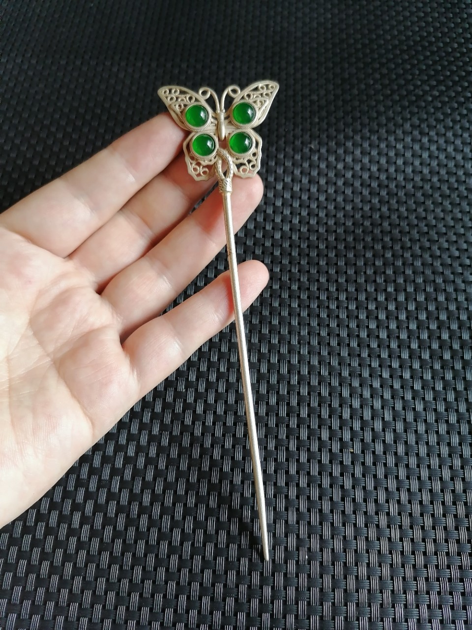 古玩收藏复古老银镶嵌绿玉髓玛瑙蝴蝶簪子苗银簪子发簪饰品配饰