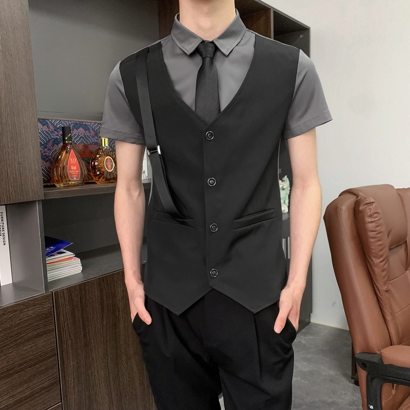 夏季夜总会ktv酒吧少爷服装男服务员工作服假两件马甲短袖衬衫潮