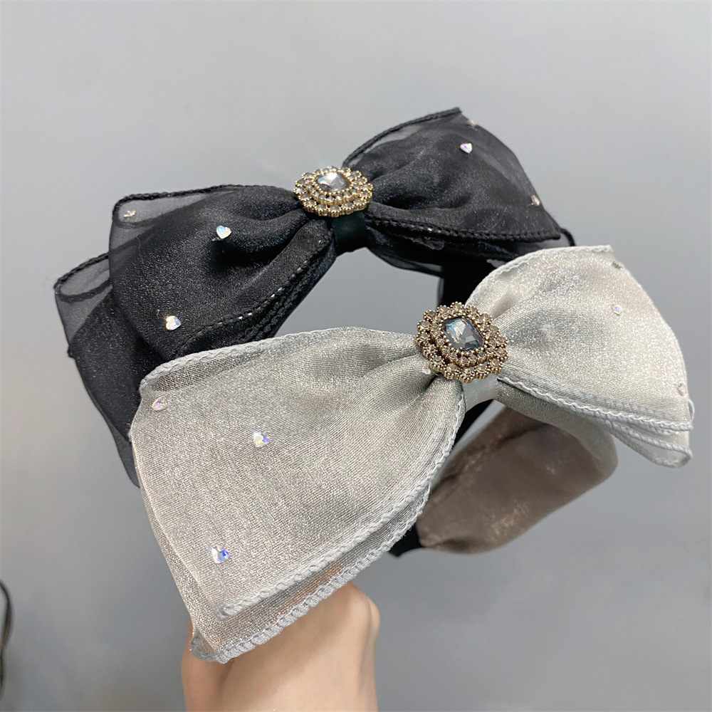 Rhinestone Three-Layer Organza Bow Headband Wide-Edge Rhinestone Light Luxury High Sense Veil Headdress New Female Hair Accessories