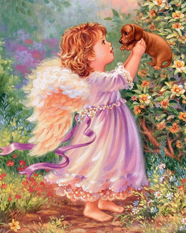 花园中的小女孩天使翅膀与小狗印花十字绣