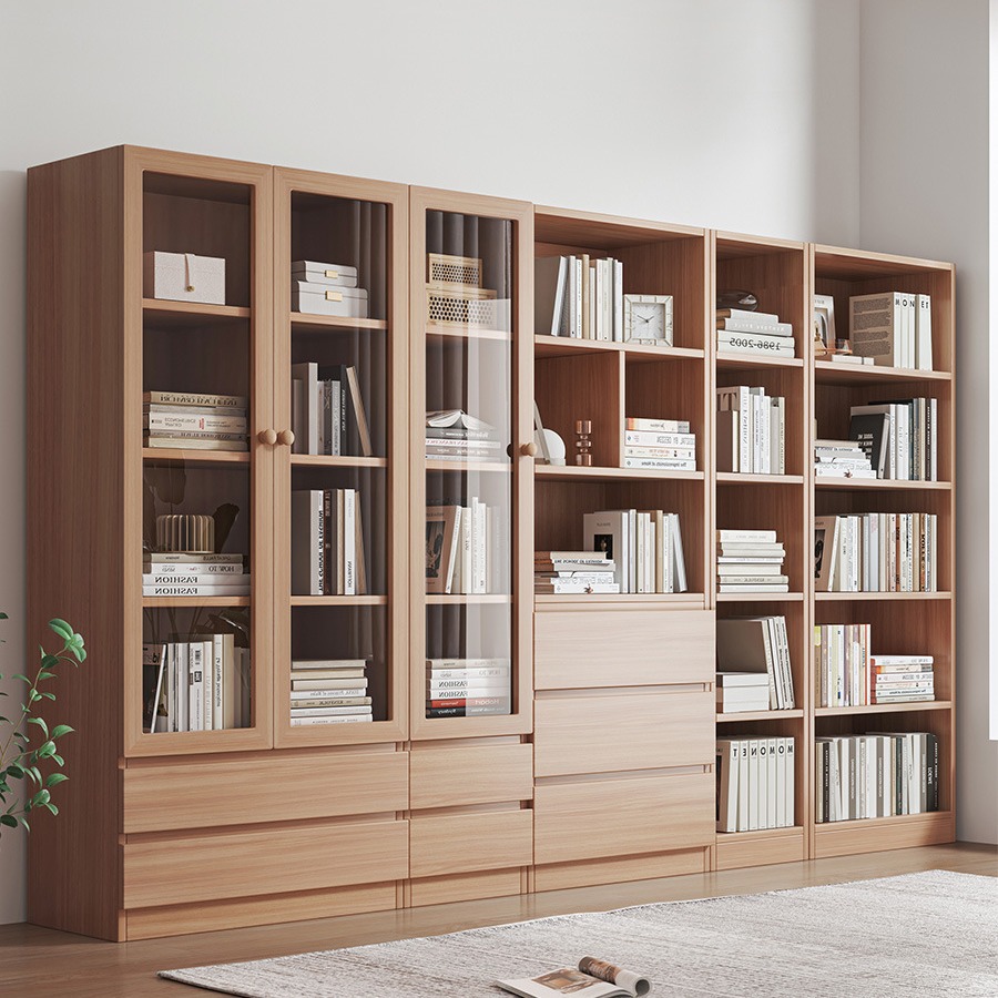 防尘书柜落地靠墙家用客厅柜子储物柜多层收纳柜实木色置物架书架