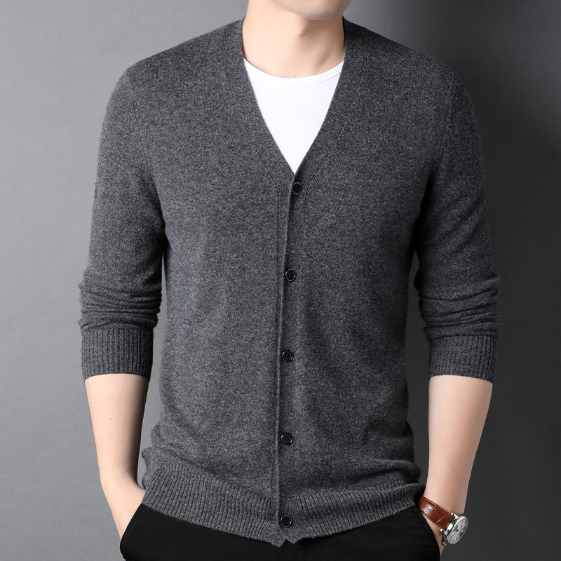 高端纯羊绒衫男士开衫v领秋冬纯色山羊绒针织衫保暖洋气毛衣外套
