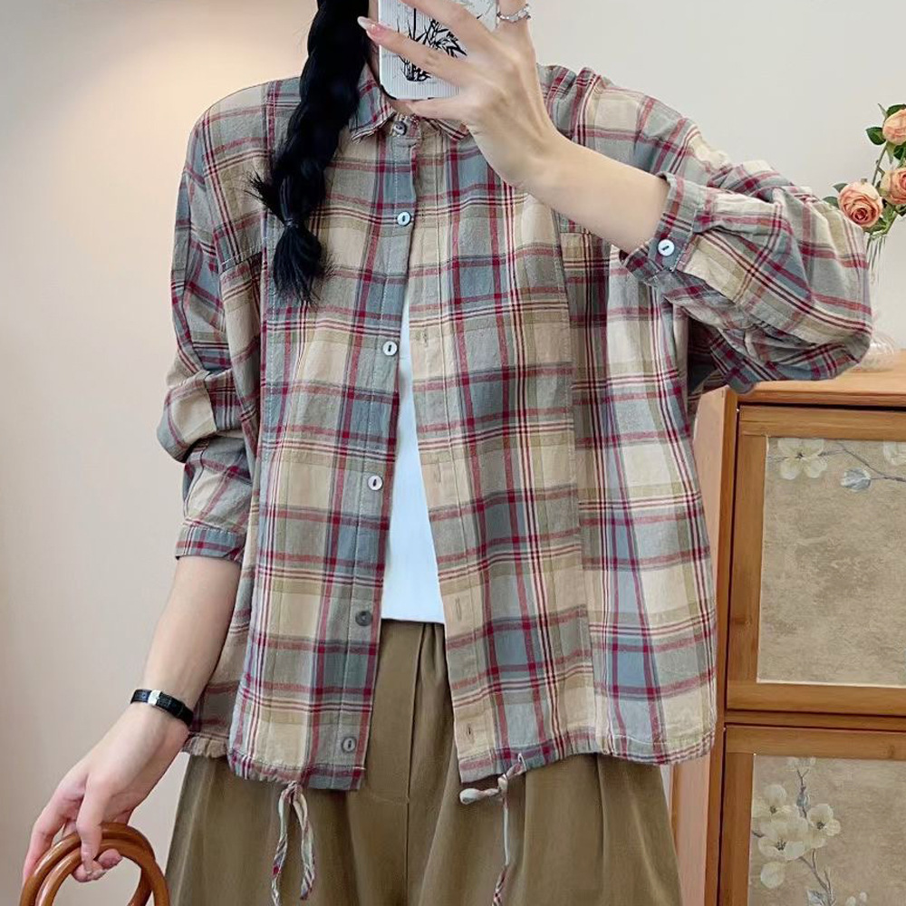 2024格子衬衫女文艺下摆抽绳衬衣长袖棉宽松大码外套-阿里巴巴
