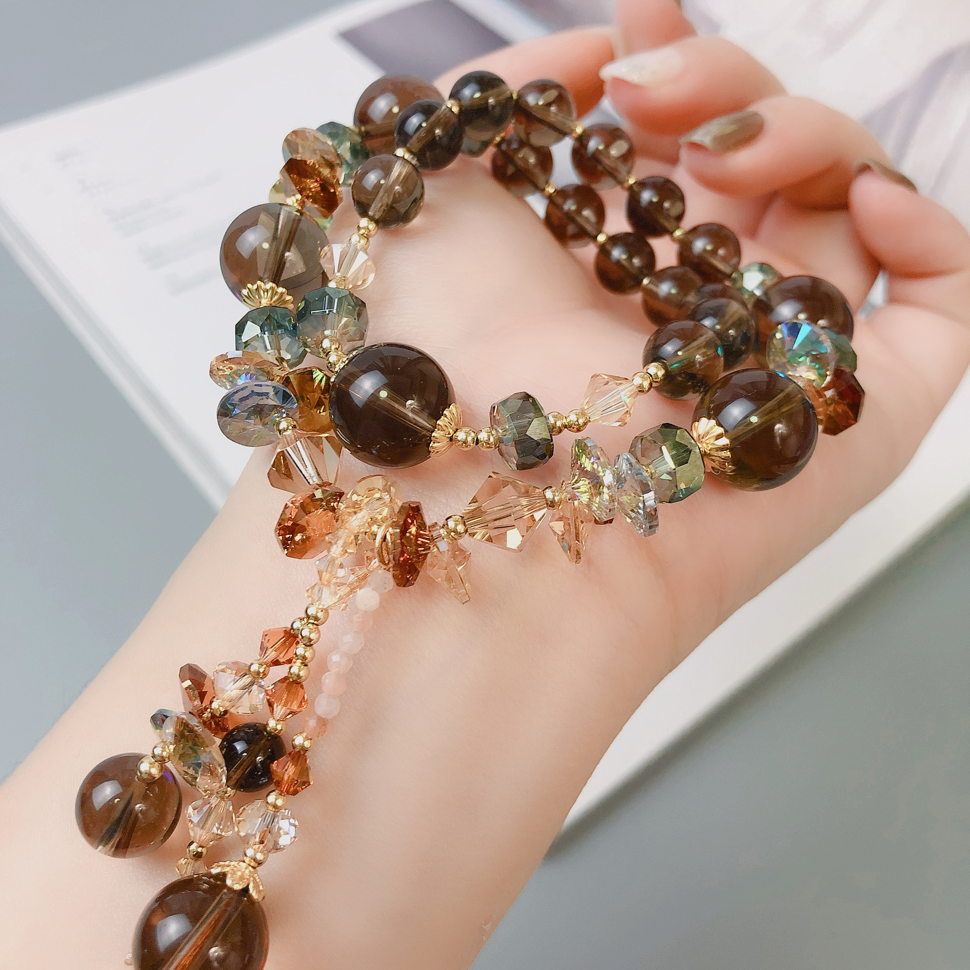 茶晶凤羽幽灵金发晶手链两圈奥地利水晶手串手工串珠饰品配饰首饰