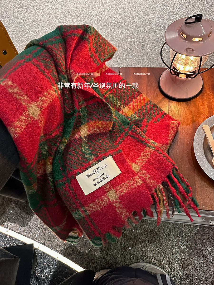 New Year Christmas Gift Red Knitted Solid Color Scarf Women's Winter Warm Japanese Style Plaid All-Matching Woolen Scarf