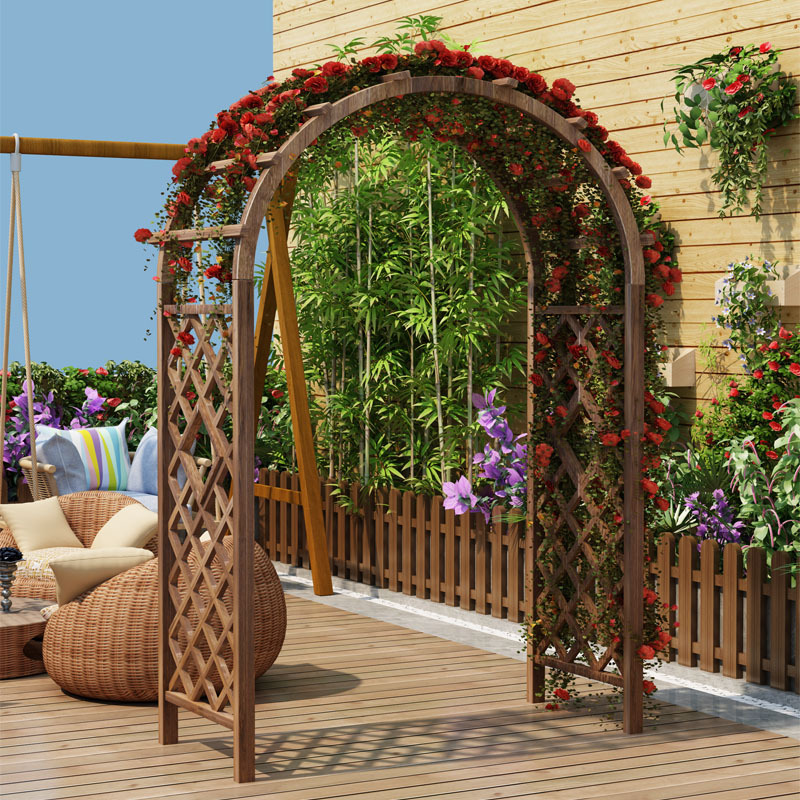 8bwi室外拱门花架爬藤架子庭院碳化防腐木花园栅栏门花墙架网格葡