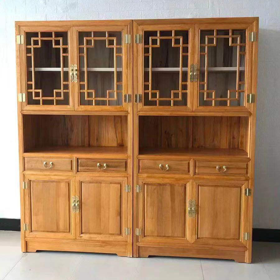 香樟木书柜玻璃门实木多功能书架新款书房家具仿古中式三门柜整装