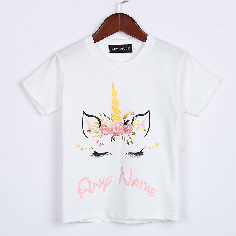 2021跨境女童t恤 夏季休闲独角兽unicorn印花短袖t恤