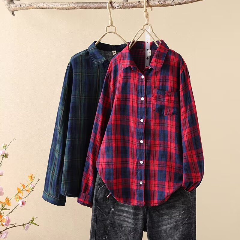 2024春季格子衬衫女双层棉宽松长袖韩版显瘦打底衫女士休闲装外套