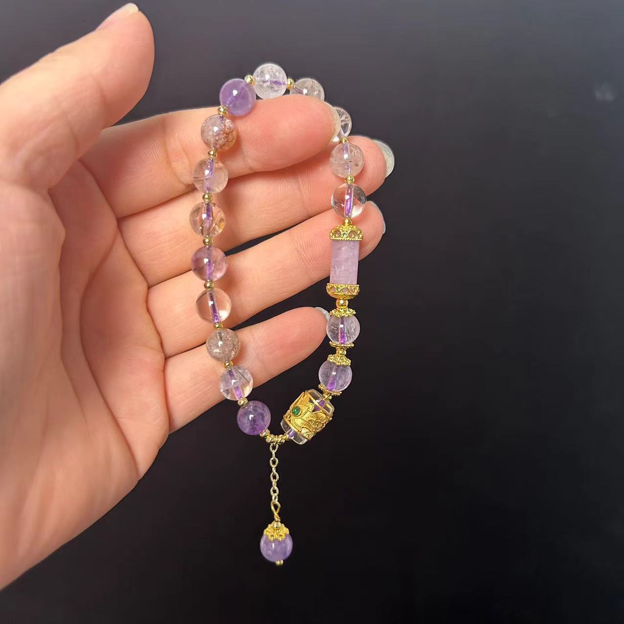 原创天然紫超七水晶手串女s925银镶24k金紫锂辉路路通礼物md8050