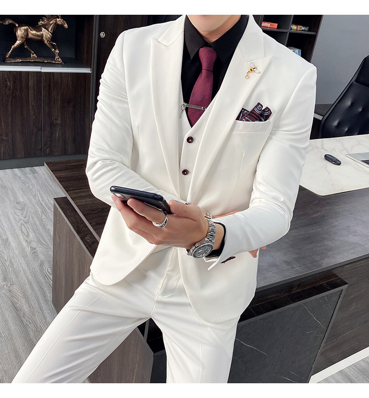 白色西装结婚伴郎西服三件套 男士纯色修身一粒扣休闲西服套装
