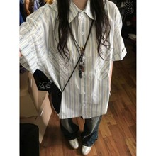 日系复古条纹短袖衬衫女2024夏季新款小众设计感宽松法式衬衣上衣