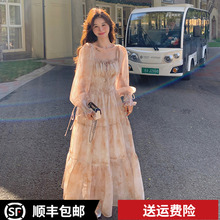 杏色碎花收腰薄款长裙子女春夏季新款海边度假气质法式绝美连衣裙