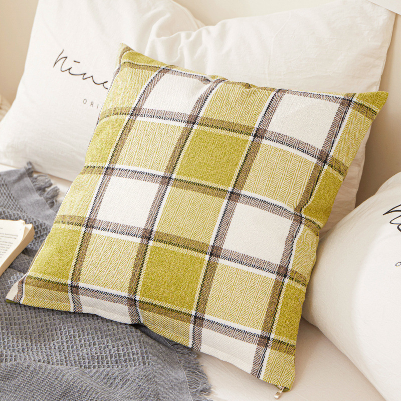 Polyester Linen Square Plaid Pillow Cover Modern Minimalist Cross-Border Home Sofa Study Seat Bedroom Bedside Cushion