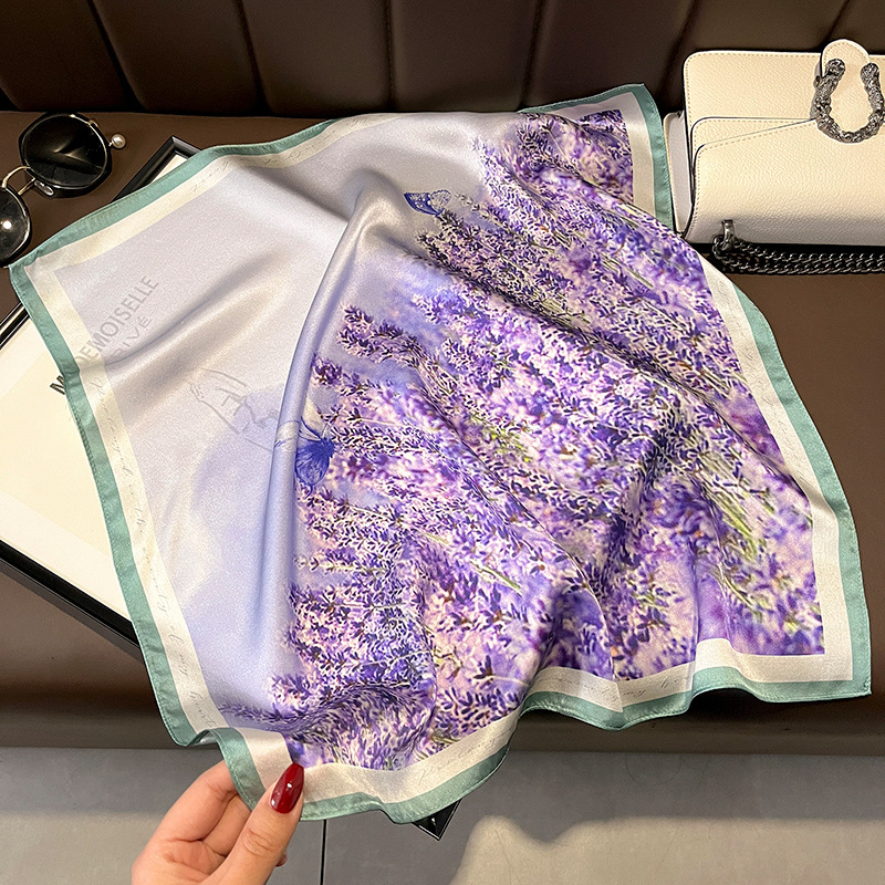 Lightweight Retro Idyllic Spring and Summer Violet Floral 53 Silk Scarf Women's Small Square Towel Neck Scarf