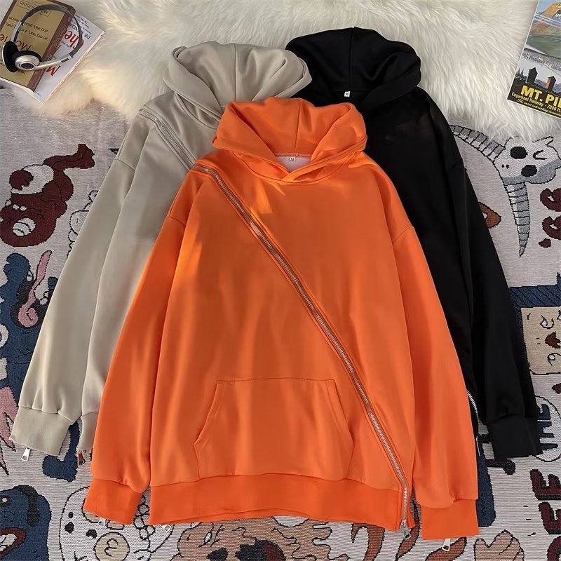 国潮个性美式斜拉链开衫连帽卫衣男女同款外套秋季情侣宽松上衣服