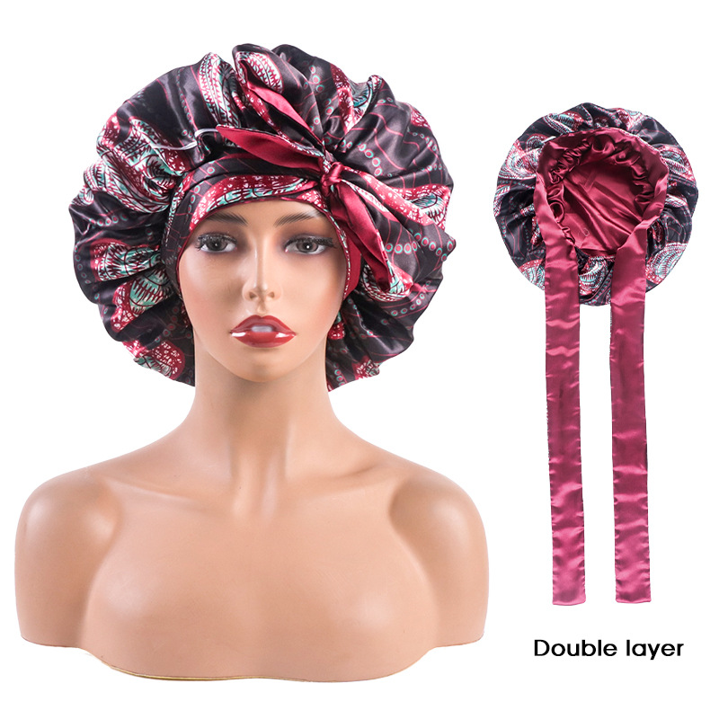 amazon confinement cap hair home satin silk african printed feather elastic bandage satin nightcap