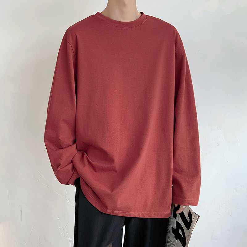 2023 Fashion Brand Autumn Solid Color Cotton Long Sleeve T-shirt Men's Loose All-Matching Hong Kong Style Large Size All-Matching Simple Bottoming Shirt Men