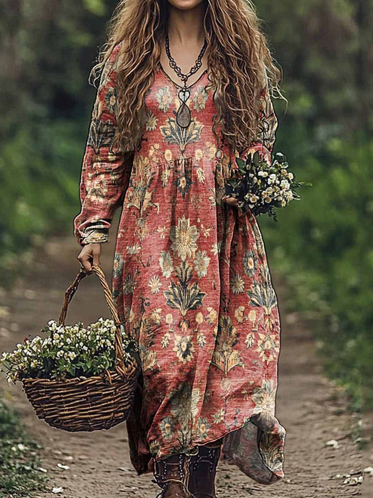 亚马逊欧美跨境2025春季新款女士碎花3D数码印花长款长袖连衣裙