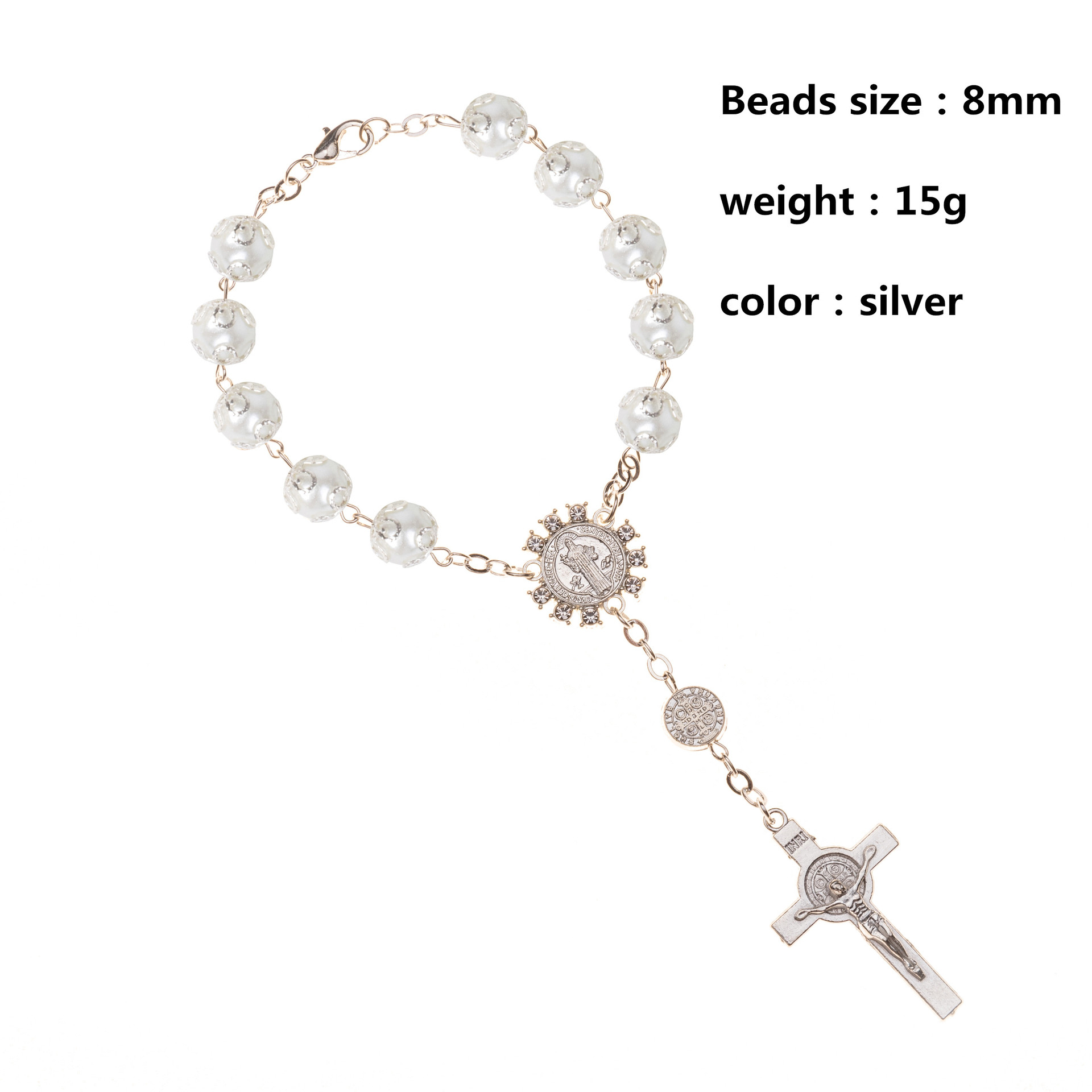 abs珍珠带花托手链十字架天主教玫瑰金念珠手链串珠手链耶稣