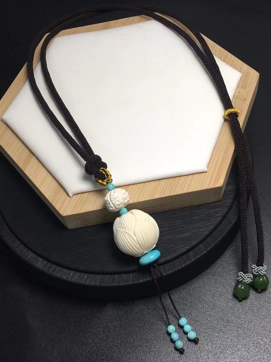 犸象牙莲花珠金刚珠吊坠项链 搭配天然绿松石 碧玉配珠 猛犸吊坠