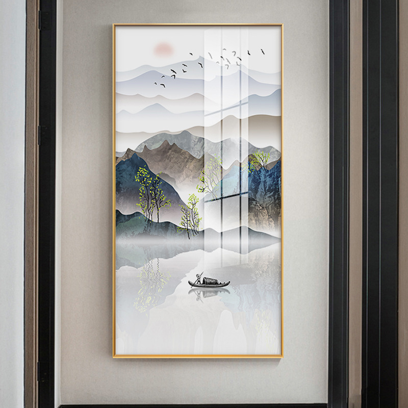 走廊装饰画新中式山水风景画现代简约轻奢玄关画竖版客厅过道挂画