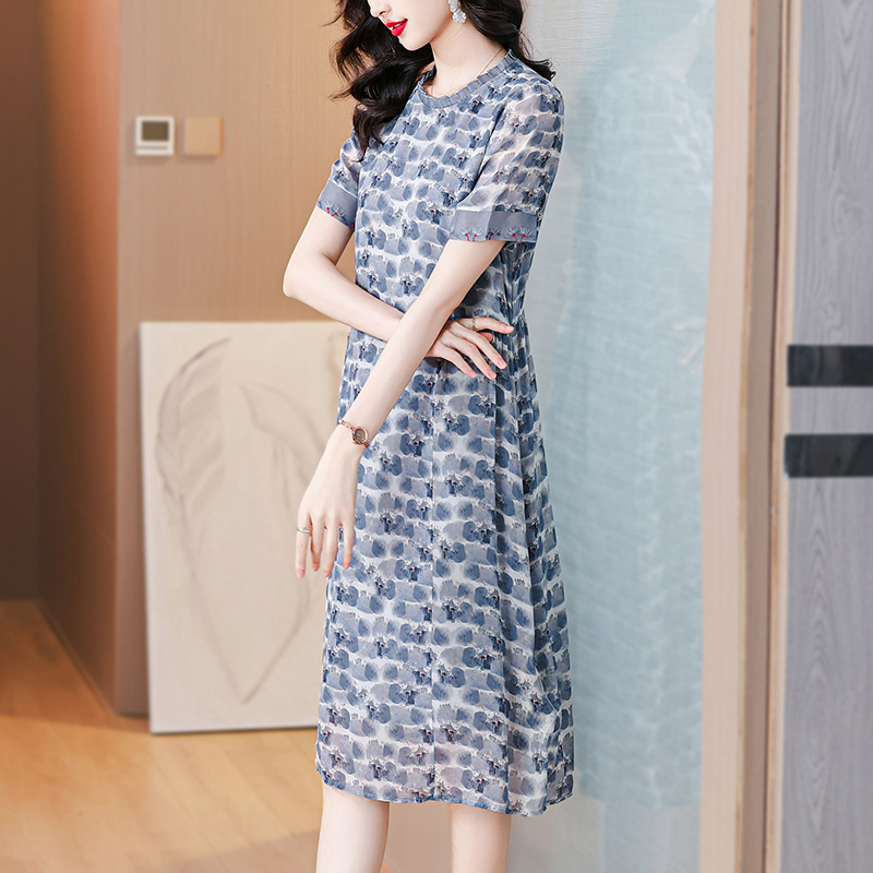 杭州印花短袖真丝连衣裙女装2024夏季新款气质高端华哥弟情中长裙