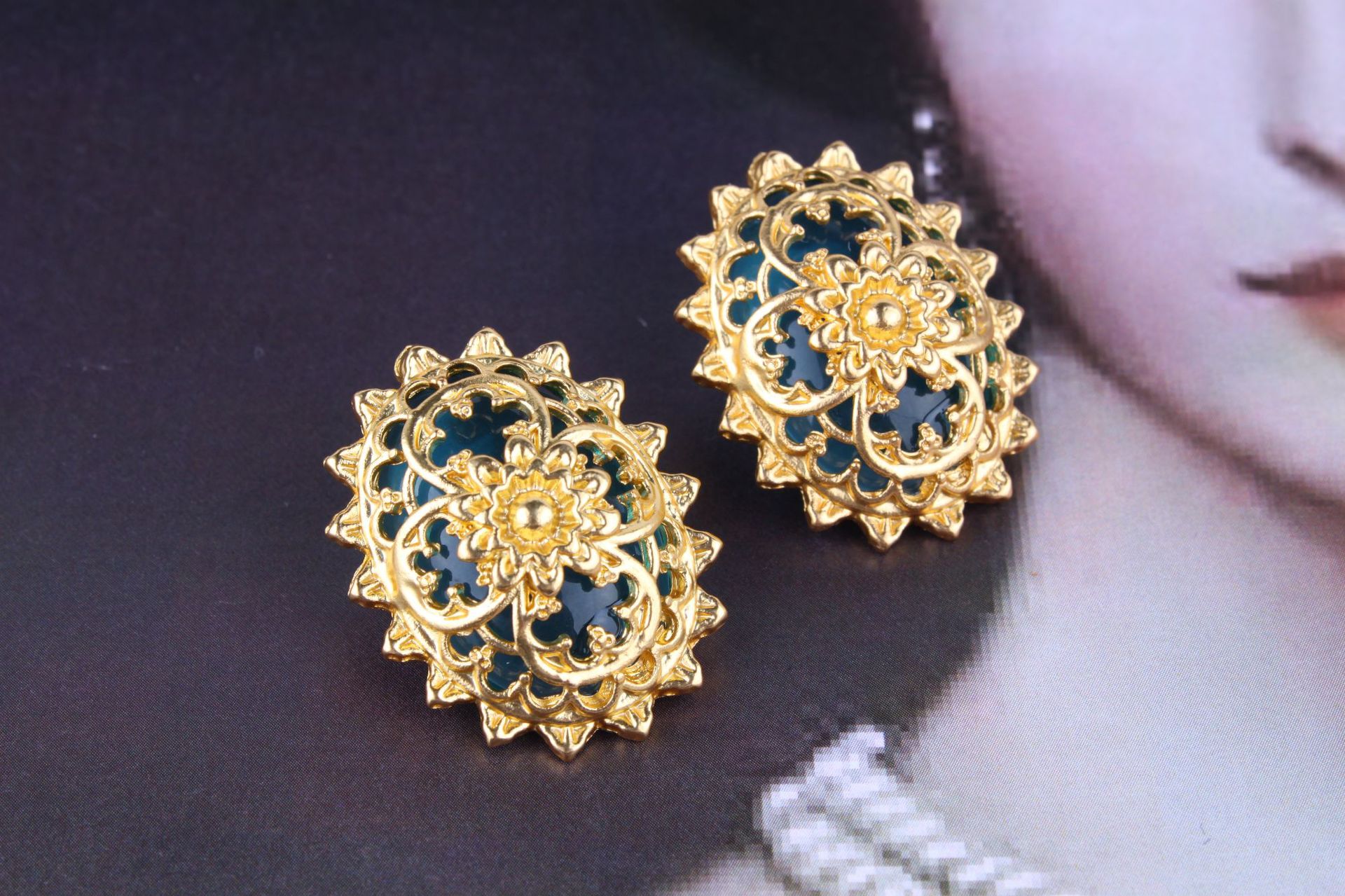 中古耳环复古宫廷风高档琉璃宝石蛋形耳环耳坠耳饰欧美跨境热卖