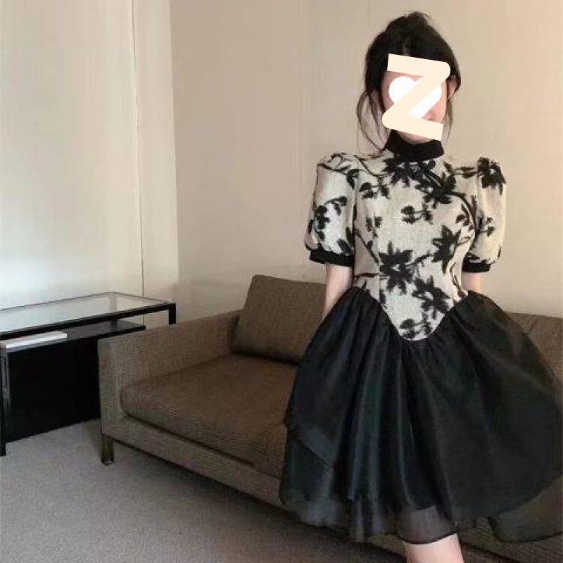 真仕漫改良旗袍连衣裙女装夏季新款中式拼接气质收腰显瘦蓬蓬裙子
