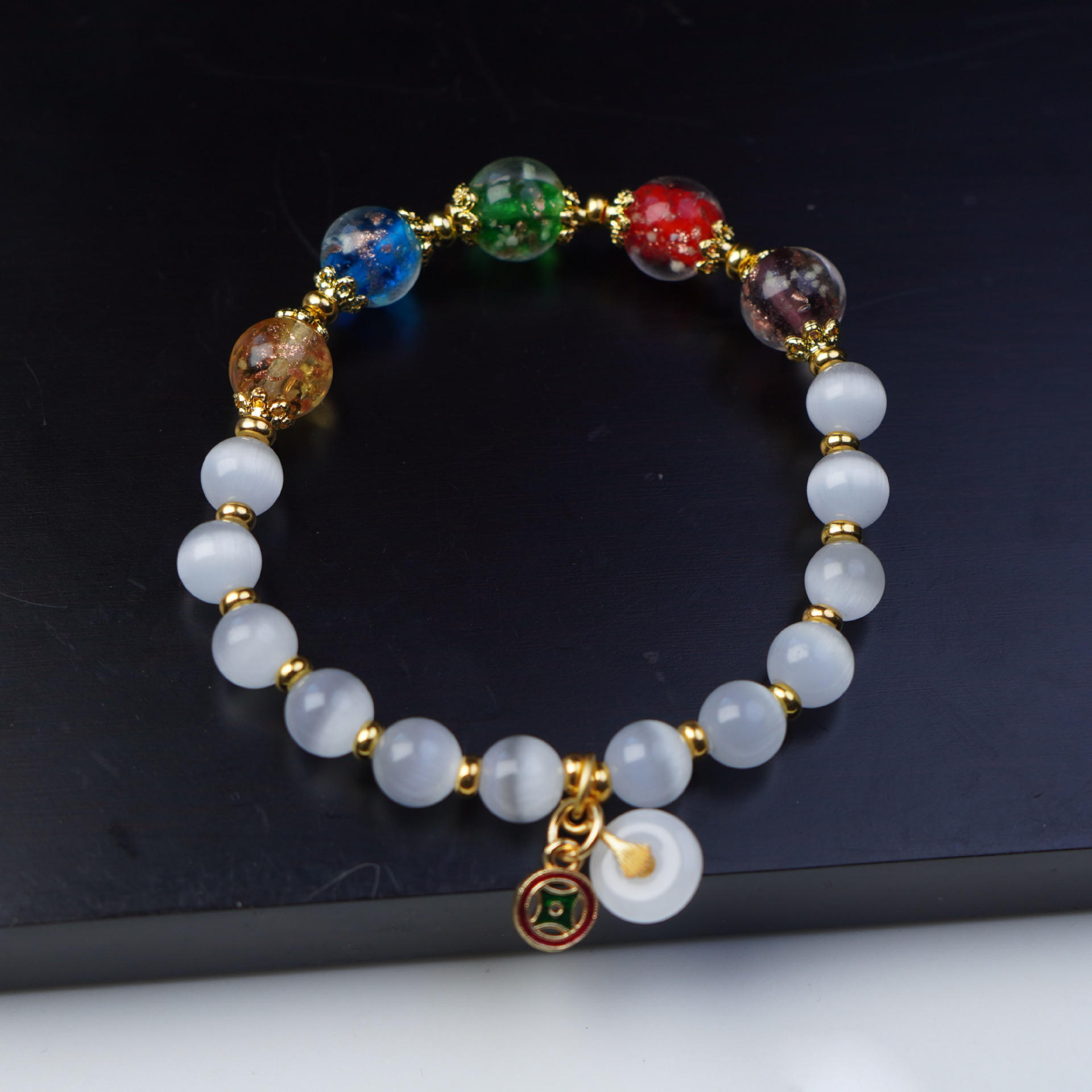 国潮猫眼石平安扣串珠手链女小众高级感香灰金箔琉璃手串招财平安