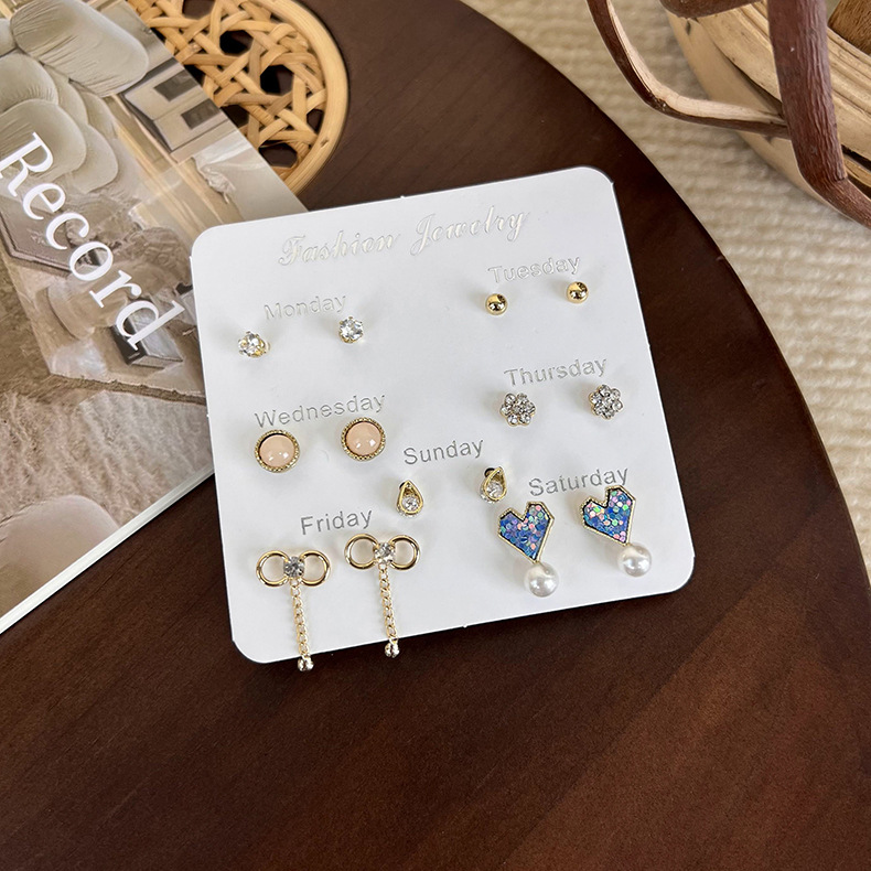 Popular Week Earrings Set Simple All-Match Week Earrings Combination Ornament Korean Fashion Small Girls Earrings