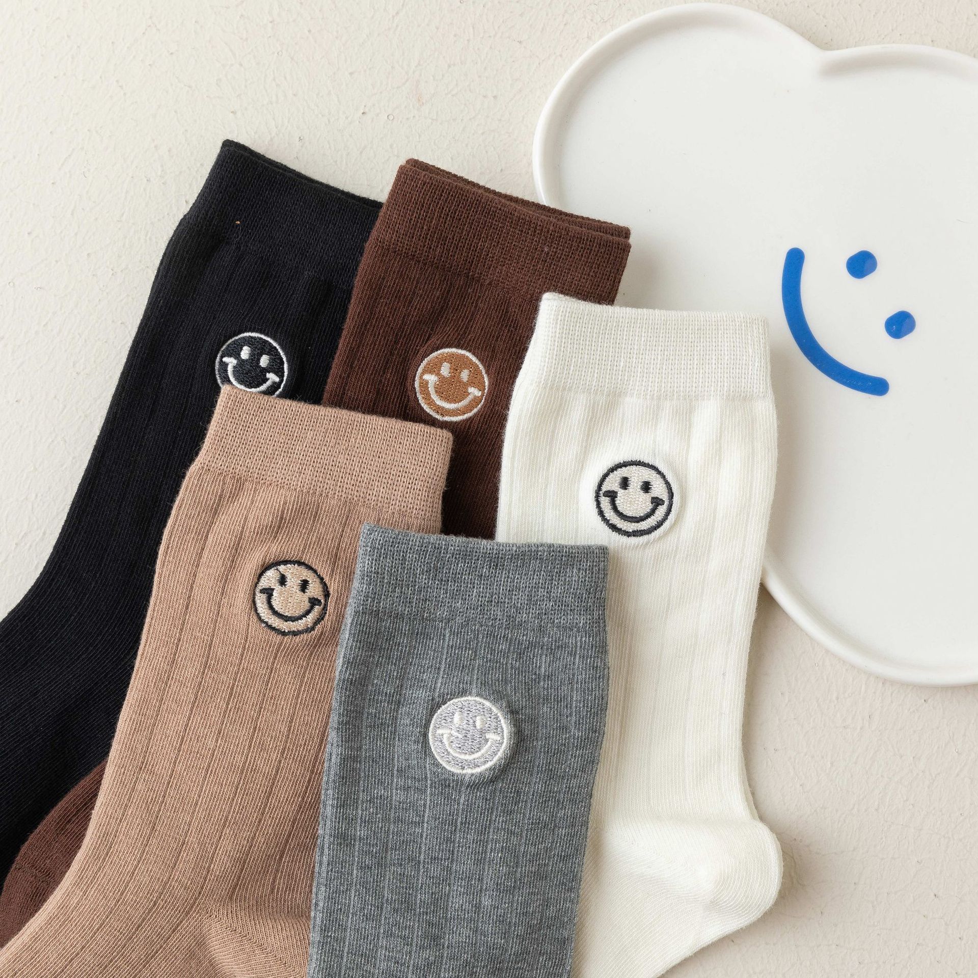 2023 Spring and Autumn New Pure Color Smiley Face Boy's SocksCartoon Cute Mid-Calf Length SocksElastic Breathable Skin-Friendly Class A Cotton Socks