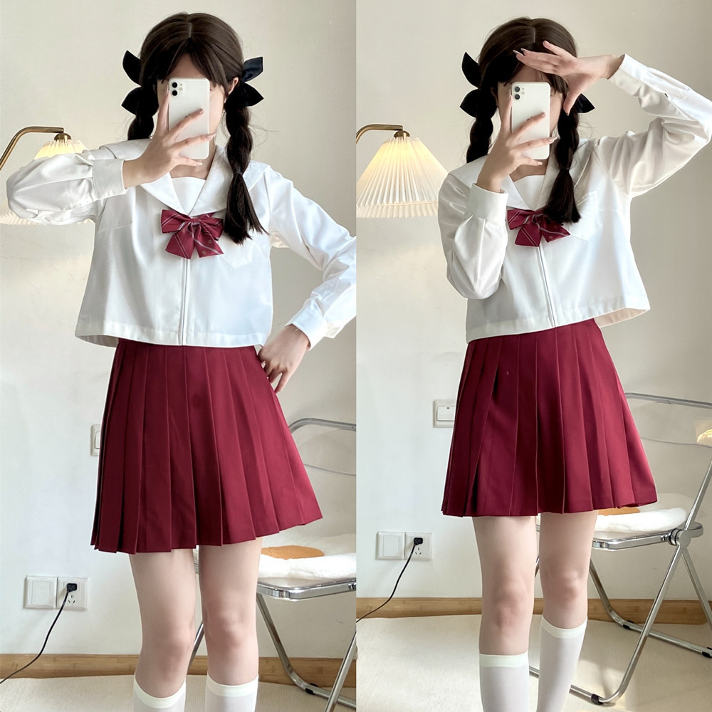 【jk】酒红色jk制服百褶裙多种纯色裙日系学院小个基础款秋冬