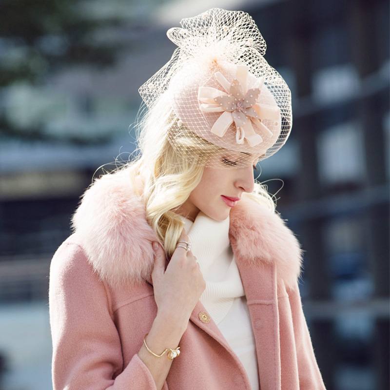 优雅名媛帽子女英伦网纱羊毛小礼帽时尚女士黑色法式旗袍礼帽冬