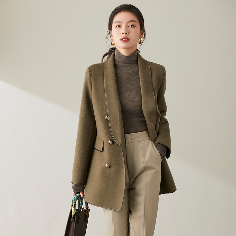 极简青果领双面羊绒大衣女手工羊毛外套新品秋冬季中长款毛呢大衣