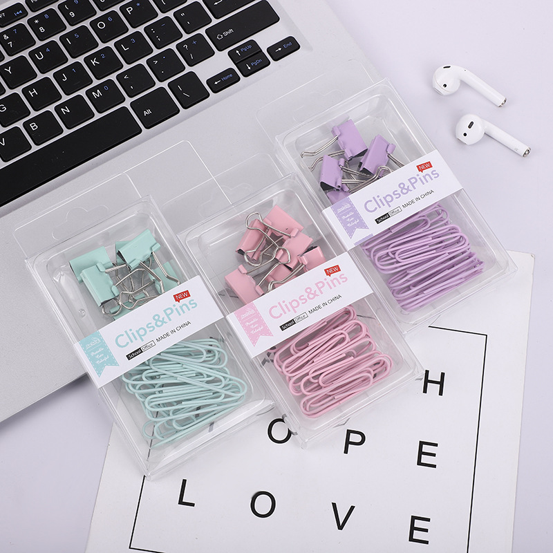 Cross-Border Two-in-One Macaron Color Large and Small Clip Ticket Holder Drawing Pin Binder Clip Boxed Office Combination Set