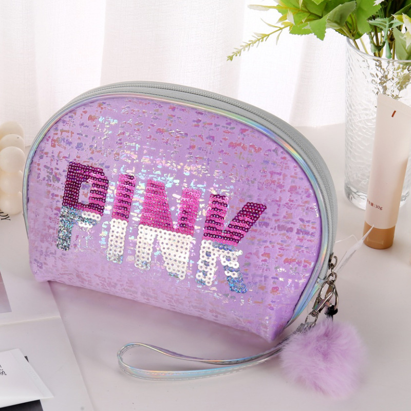 New Sequin Cosmetic Bag Portable Toiletries Storage Bag Large Capacity Travel Zipper Bag Semicircle Shell Bag