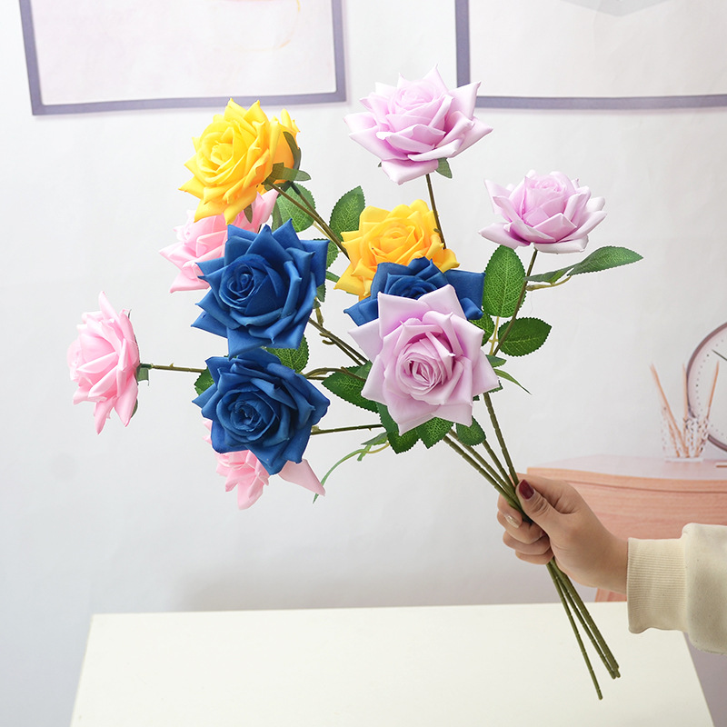 仿真玫瑰花角玫婚礼插花T台背景墙装饰单支65cm3头花朵花家艺语