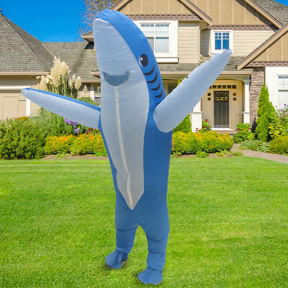 跨境万圣节蓝鲨鱼充气服饰派对表演搞怪行走动物卡通人偶扮演服装