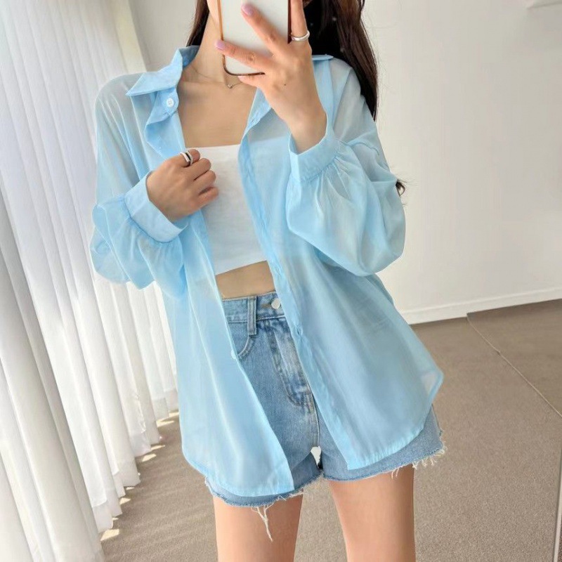 Korean Temperament Long Sleeve Summer Design Thin Slightly Transparent Long Sleeve Coat Sun Protection Shirt Chic Casual Loose Shirt