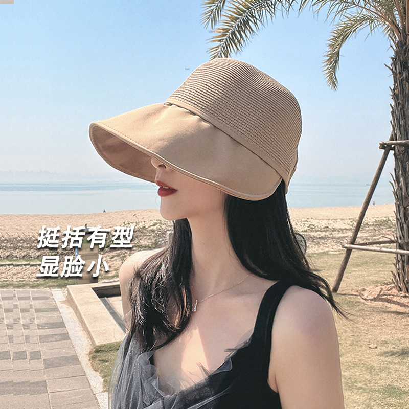 Straw Knitted Peaked Cap Topless Hat Women's Beach Sun Protection Sun-Proof Uv-Proof Sun Hat Straw Hat Summer Face-Covering Women's