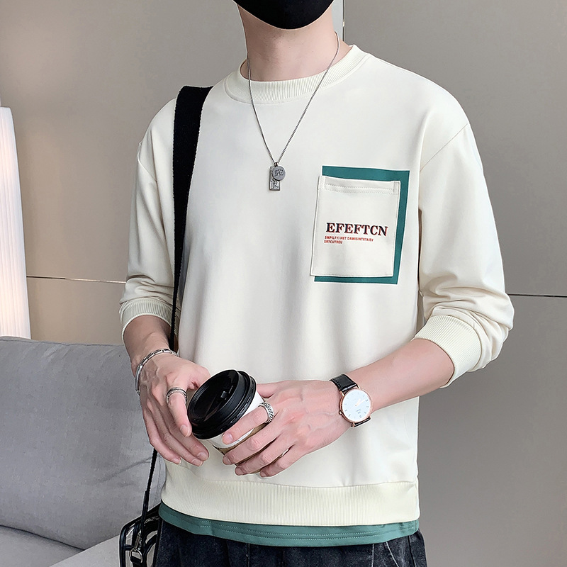 Sweater Men's 2023 Spring and Autumn New Fake Two Pieces Long-T-Shirt Men's Loose Casual National Fashion round Neck Bottoming Shirt