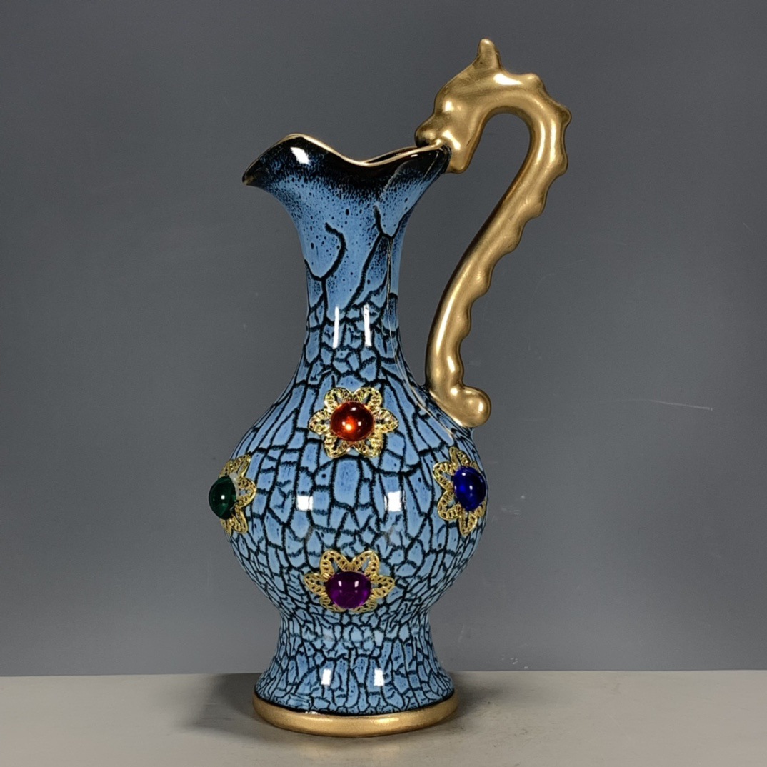 古玩瓷器收藏清代海外回流鎏金镶嵌宝石钧瓷窑变花瓶摆件-阿里巴巴